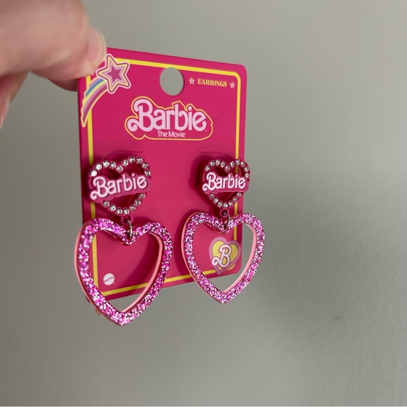 NWT Barbie the Movie Pink Glitter & Crystal Heart Earrings - Picture 9 of 9